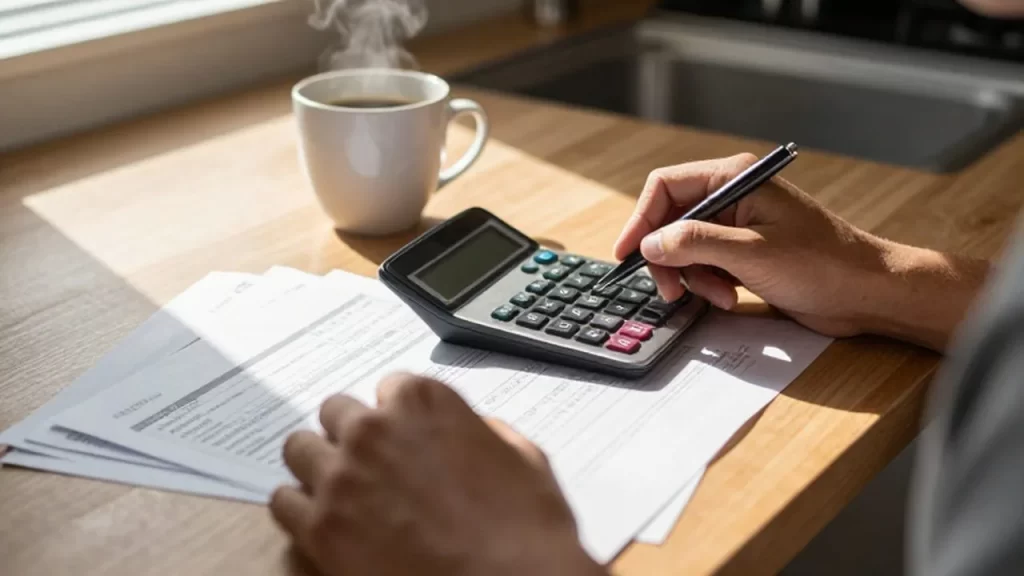 Manos organizando un presupuesto con calculadora