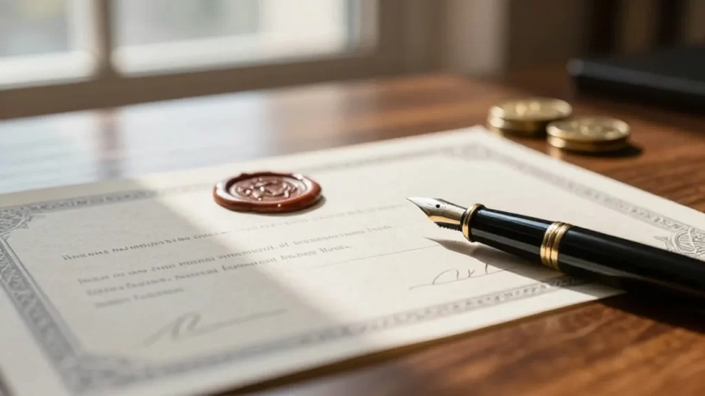 Certificado oficial de bonos con sello de cera y una pluma elegante sobre un escritorio de madera.