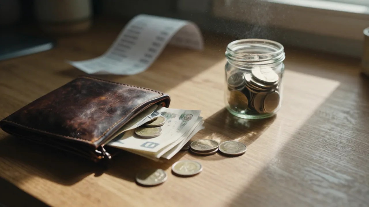 Cartera de cuero gastada con billetes y monedas junto a un frasco con ahorros sobre una mesa de madera.