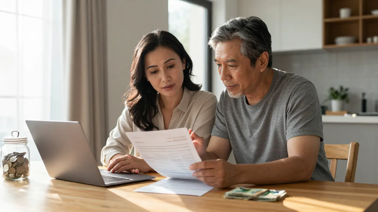 Pareja de mediana edad revisando documentos financieros y ahorros en una mesa de madera iluminada.