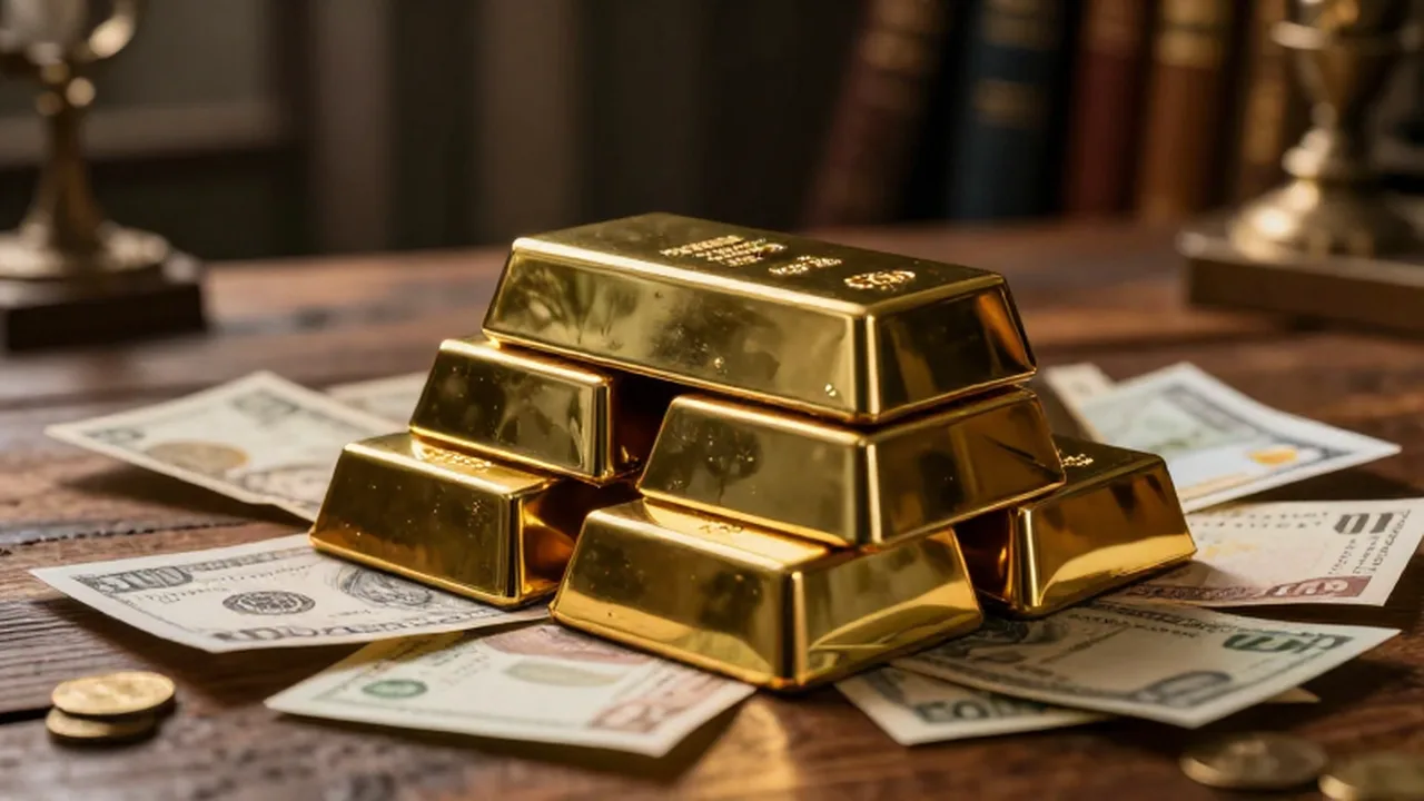 Lingotes de oro apilados sobre una mesa de madera rodeados de billetes antiguos.