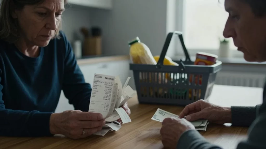 Pareja preocupada revisando recibos de la compra y pocos billetes sobre una mesa de madera.