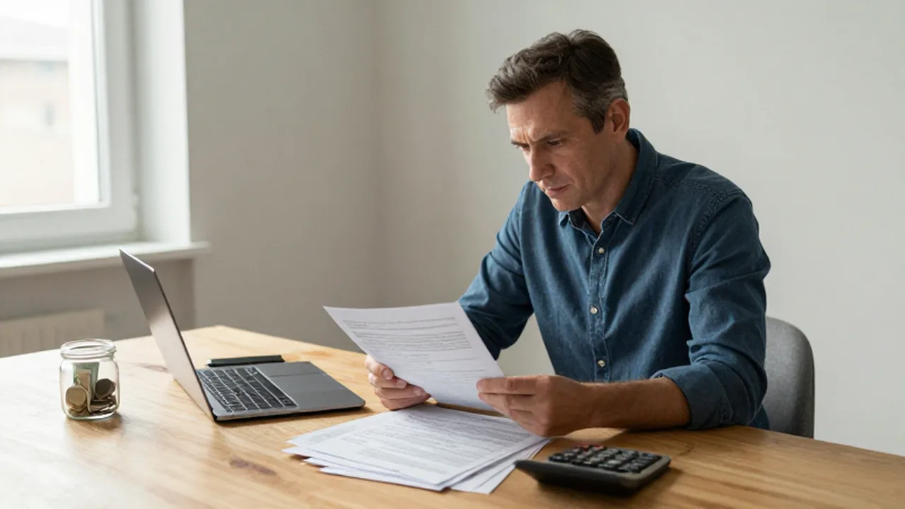 Hombre sentado en un escritorio revisando documentos financieros y una computadora en una oficina luminosa.