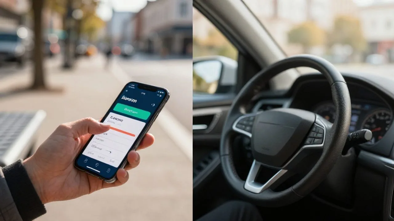 Una mano sostiene un pase de transporte digital y una tarjeta sobre un banco urbano frente a un coche.