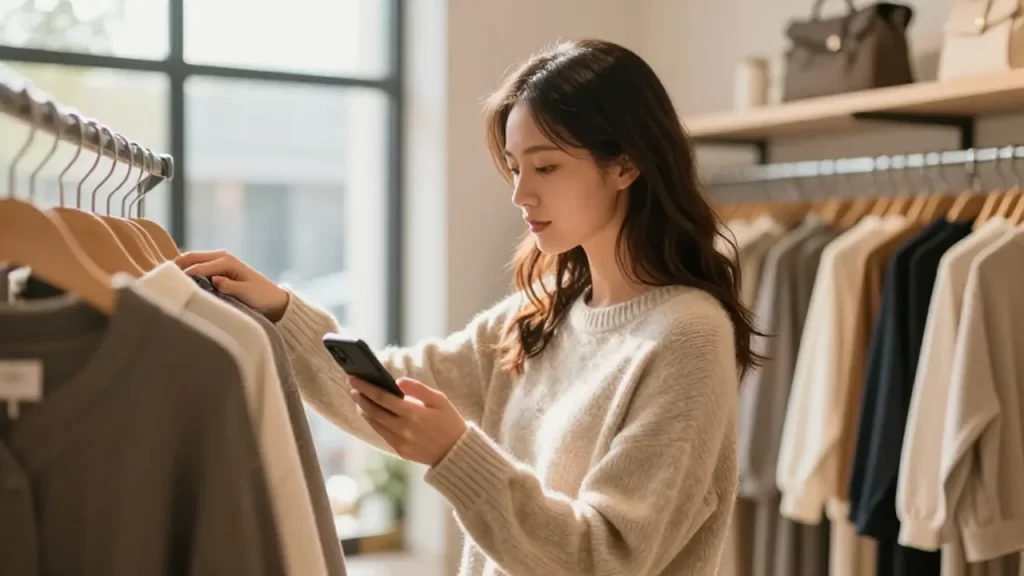 Mujer joven examinando un suéter de otoño mientras compara precios con su teléfono en una boutique.