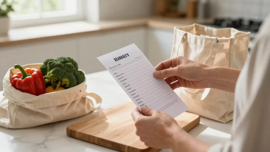 Manos organizando una lista de compras junto a verduras frescas y bolsas de tela en una cocina luminosa.