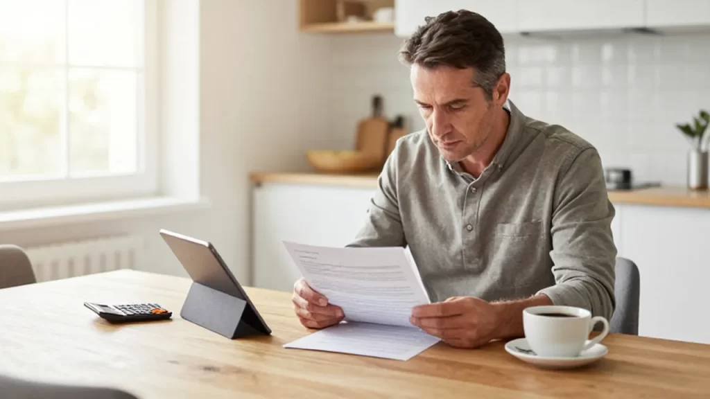 Hombre de mediana edad revisando documentos de seguros y una tablet junto a un coche de juguete.