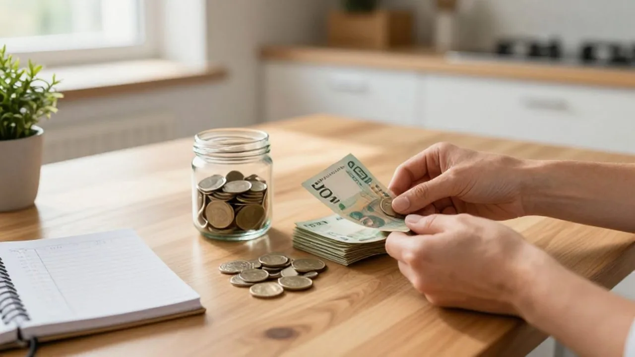 Manos organizando monedas y billetes junto a un frasco de ahorros y un planificador sobre una mesa de madera.