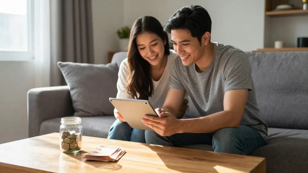 Pareja sonriente revisando su presupuesto en una tableta junto a un frasco de ahorros.