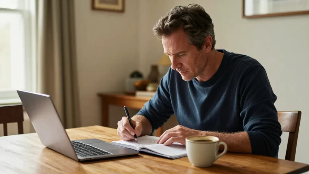 Hombre de mediana edad concentrado revisando un planificador de presupuesto y un portátil en su casa.