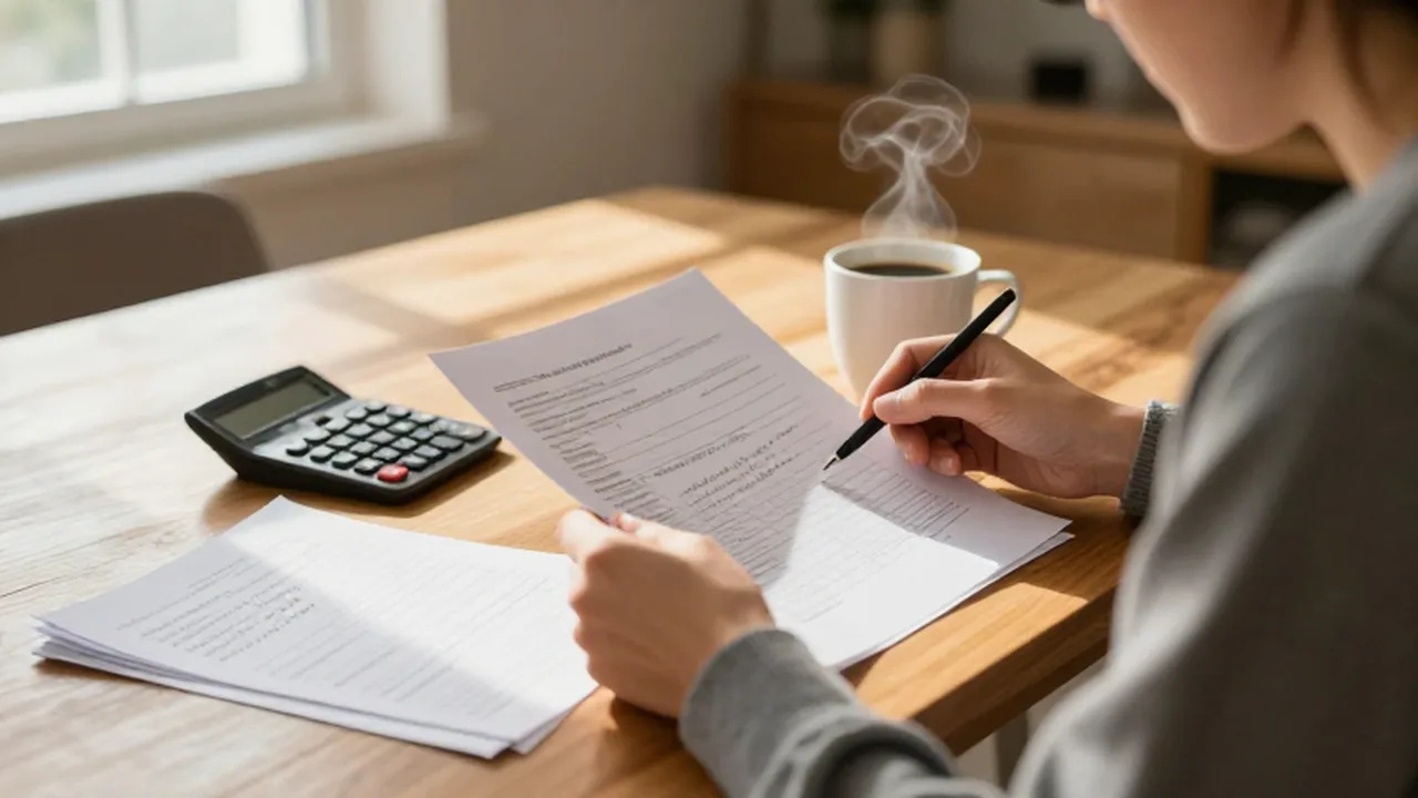 Persona concentrada revisando documentos financieros y hojas de cálculo junto a un café en una mesa de madera.