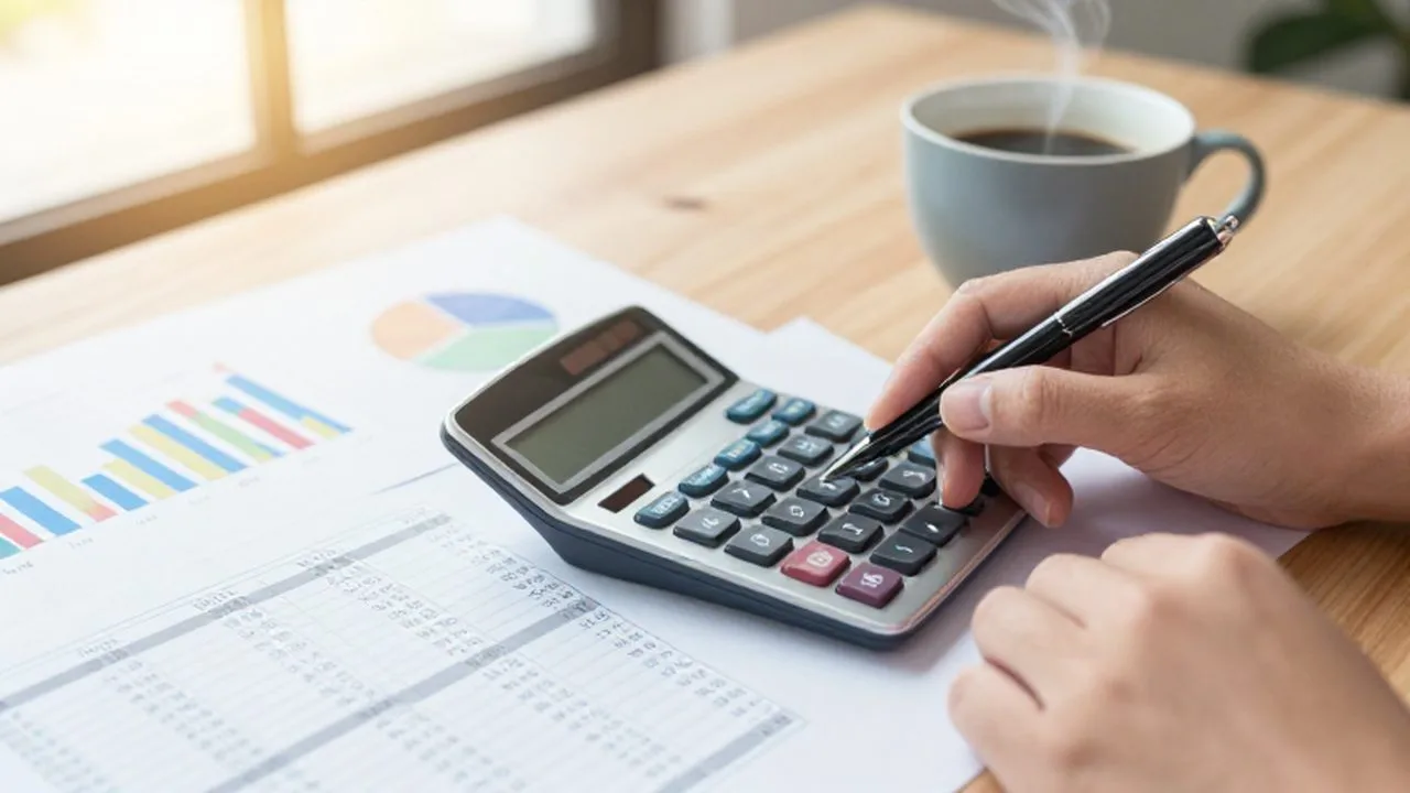 Manos trabajando con una calculadora y una pluma sobre documentos financieros y gráficos.