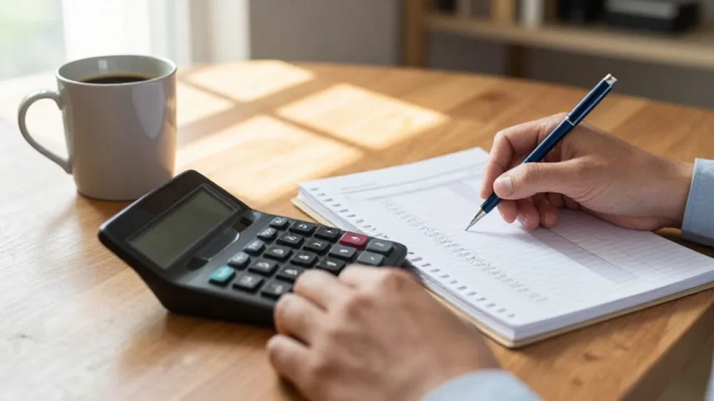 Manos usando una calculadora junto a un planificador de presupuesto y una taza de café.