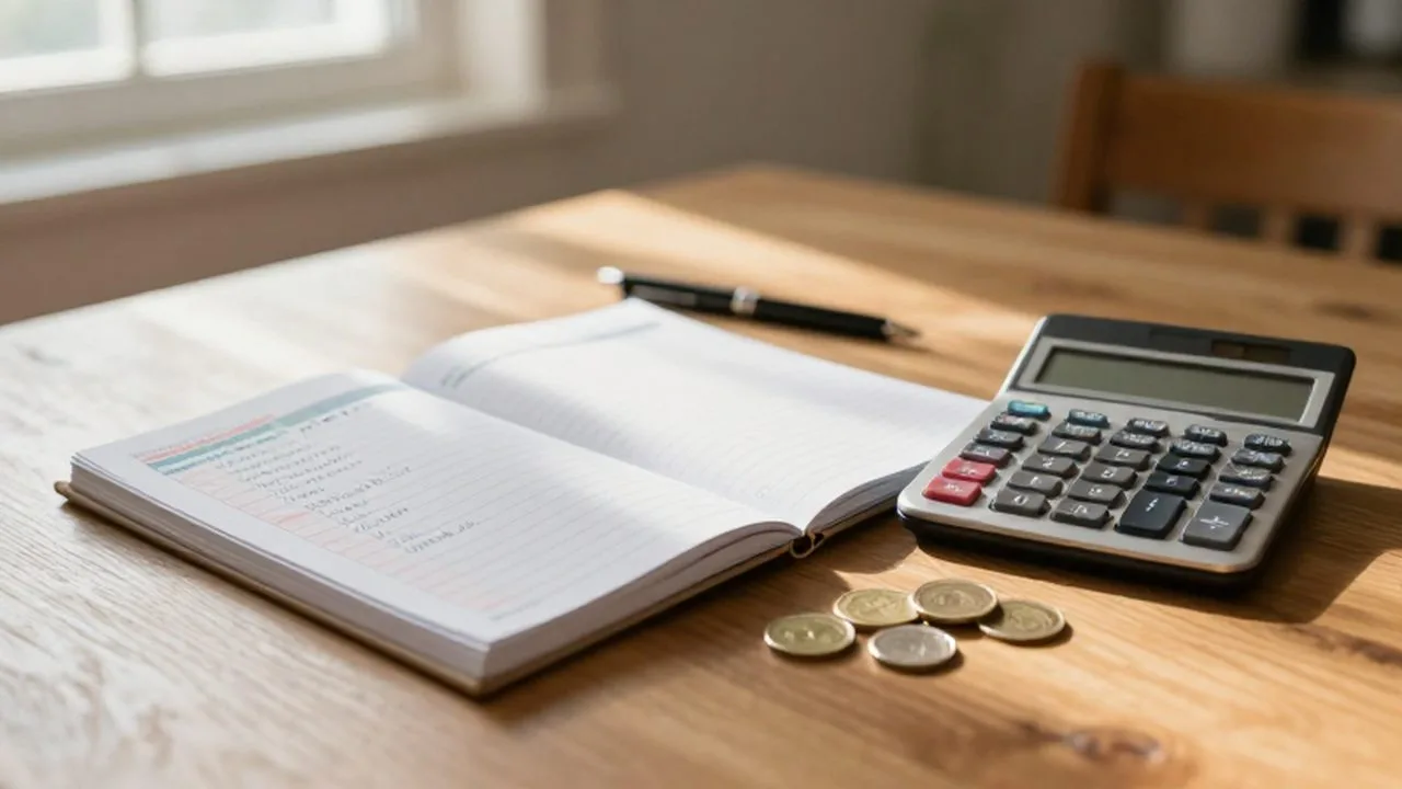 Cuaderno de presupuesto junto a una calculadora y monedas sobre una mesa de madera iluminada por el sol.