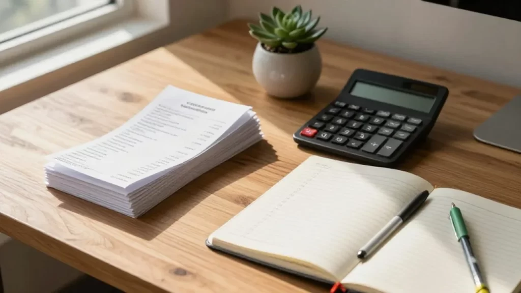 Escritorio de madera con recibos