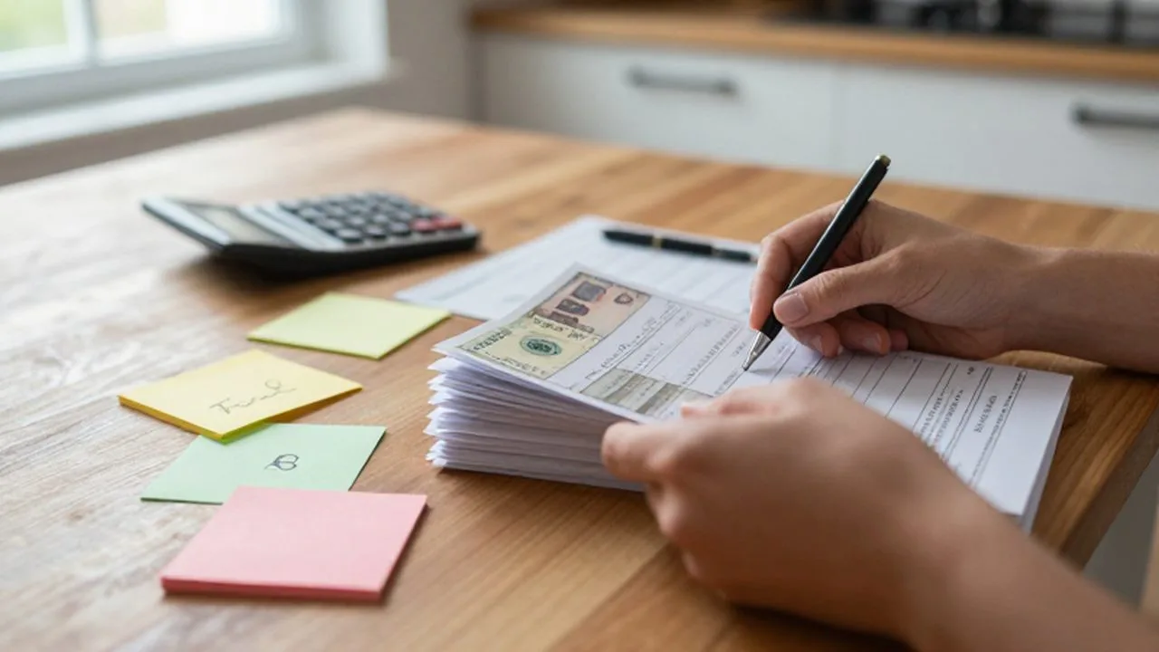 Manos organizando facturas y notas adhesivas sobre una mesa de madera con una calculadora.