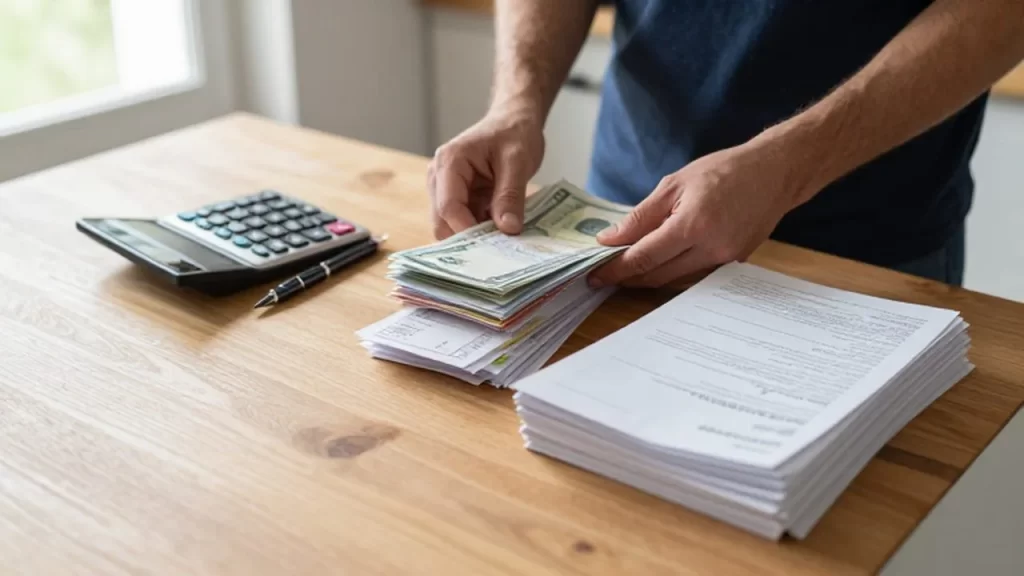 Manos organizando billetes y recibos en pilas ordenadas sobre una mesa de madera.