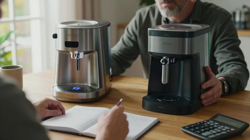 Persona comparando dos electrodomésticos de cocina sobre una mesa junto a un cuaderno de presupuestos.
