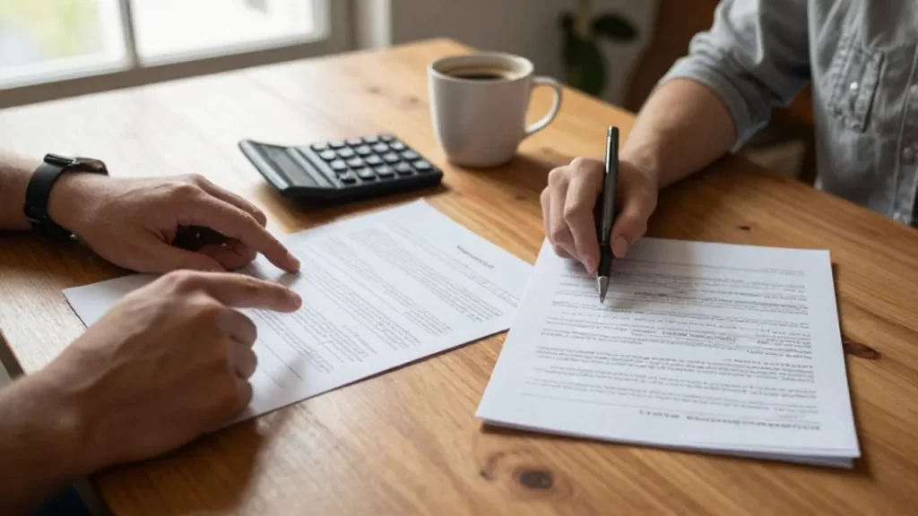 Manos de una pareja señalando contratos de hipoteca y documentos financieros sobre una mesa de madera.