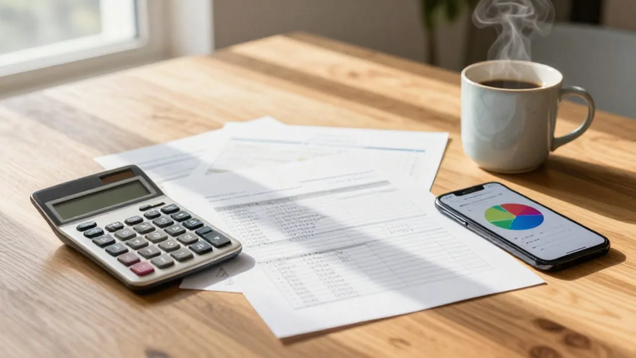 Documentos financieros, una calculadora y un móvil con gráficos sobre una mesa de madera con café.