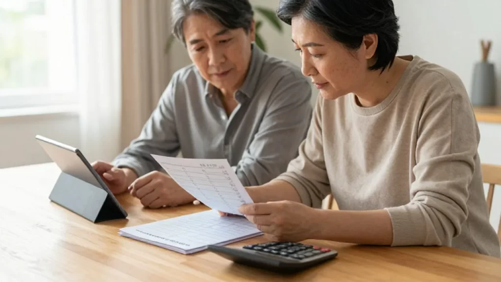 Pareja de mediana edad revisando facturas