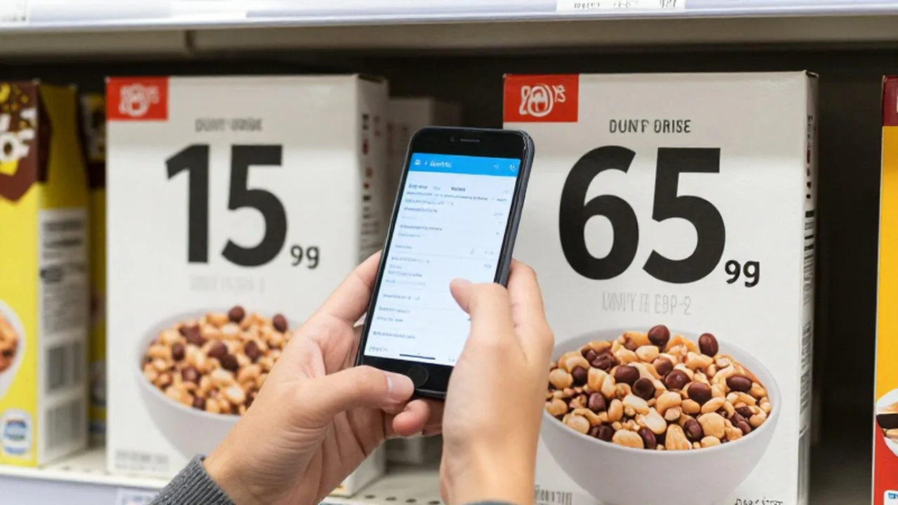 Manos sosteniendo un celular con una aplicación de compras junto a dos cajas de cereal.