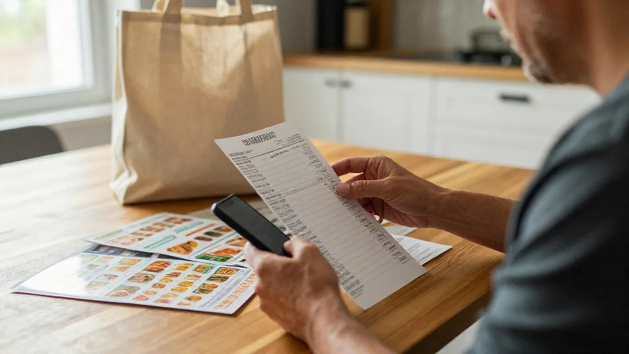 Persona sentada a la mesa de la cocina comparando una lista de compras con su móvil.