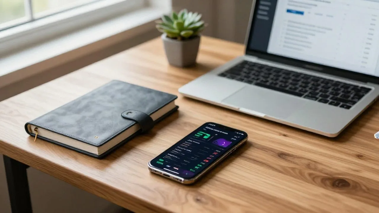 Smartphone con interfaz de criptomonedas y un dispositivo Ledger sobre un escritorio de madera organizado.
