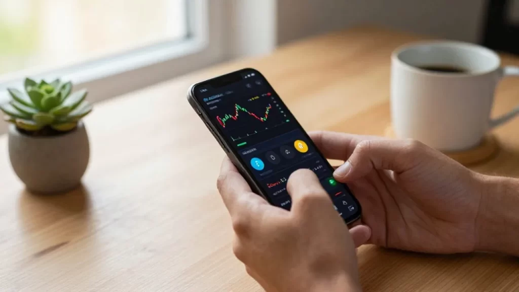 Manos operando un smartphone con gráficos de criptomonedas sobre un escritorio de madera.