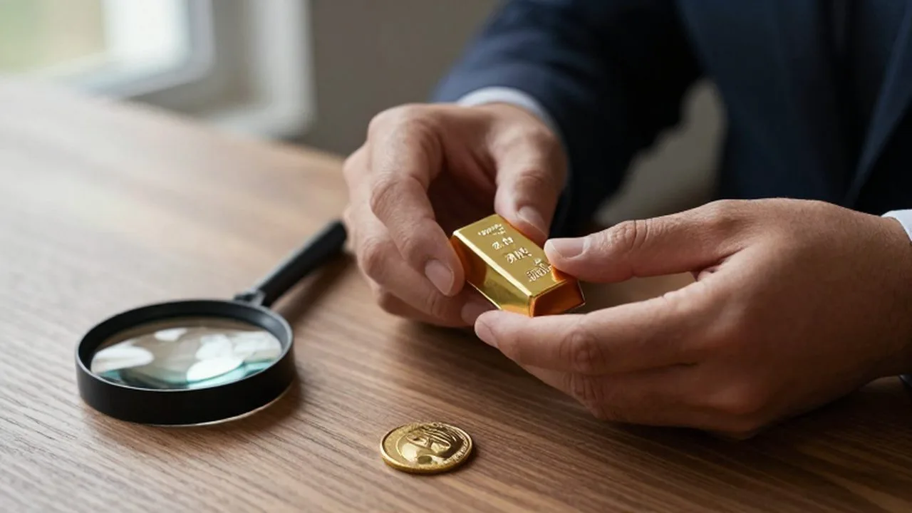Manos inspeccionando un lingote y una moneda de oro sobre un escritorio de madera.
