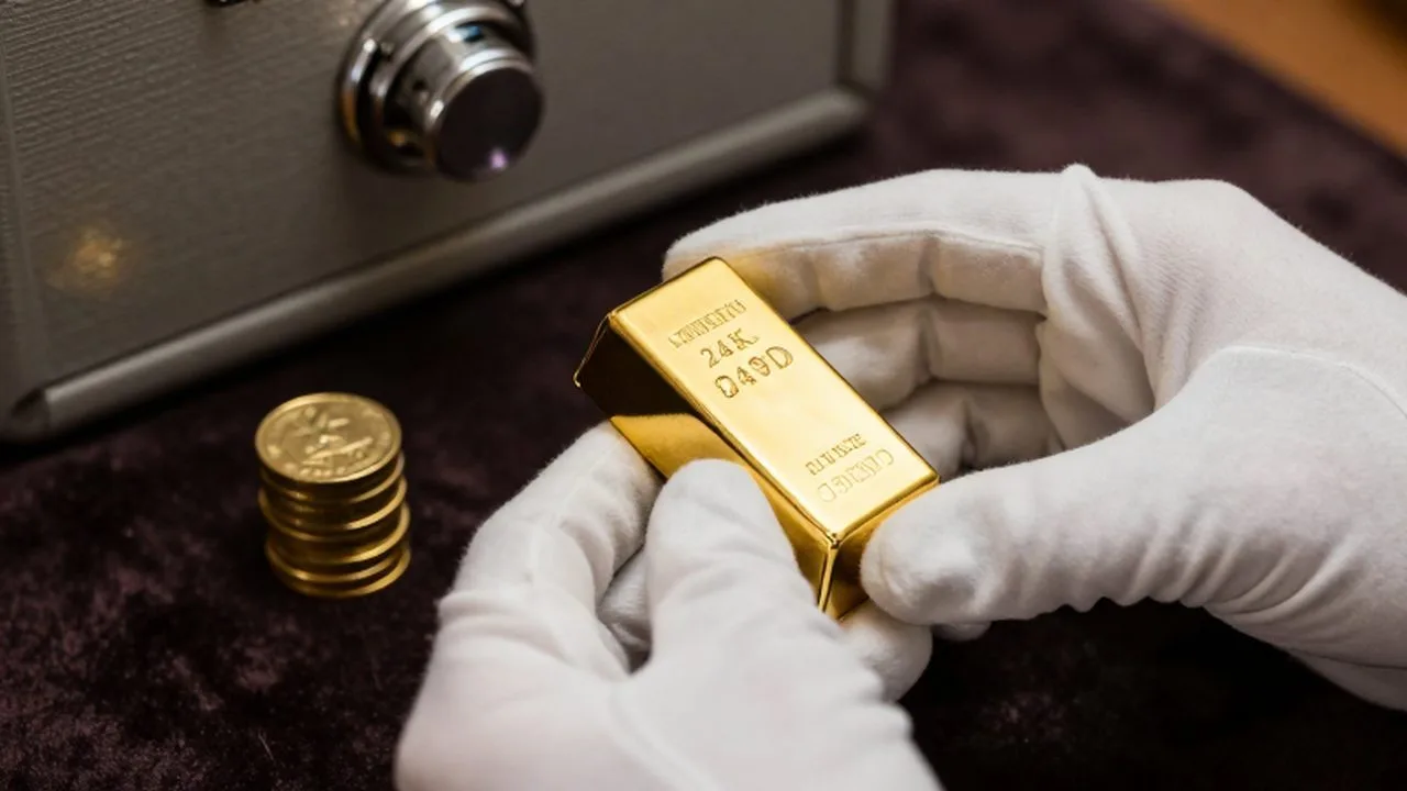 Manos con guantes blancos inspeccionan un lingote de oro junto a monedas sobre un cojín aterciopelado.