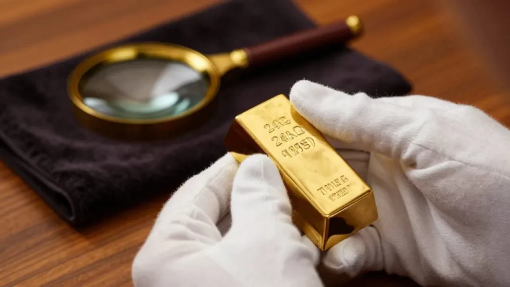 Mano con guante blanco inspeccionando un lingote de oro de 24 quilates sobre un escritorio.
