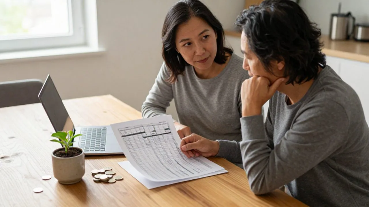 Pareja de mediana edad revisando un presupuesto financiero junto a una laptop y monedas.