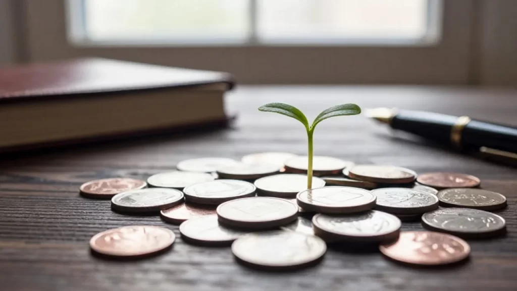 Pequeño brote verde creciendo entre una pila de monedas de plata y cobre sobre madera.