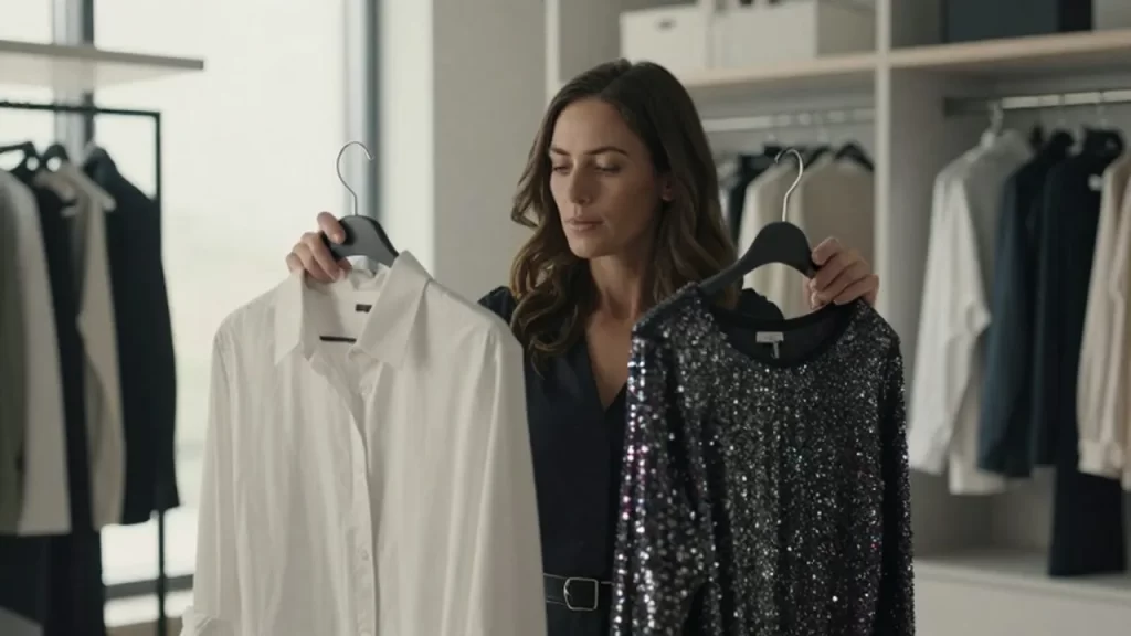 Mujer pensativa en un vestidor moderno comparando una camiseta básica con un top de lentejuelas.