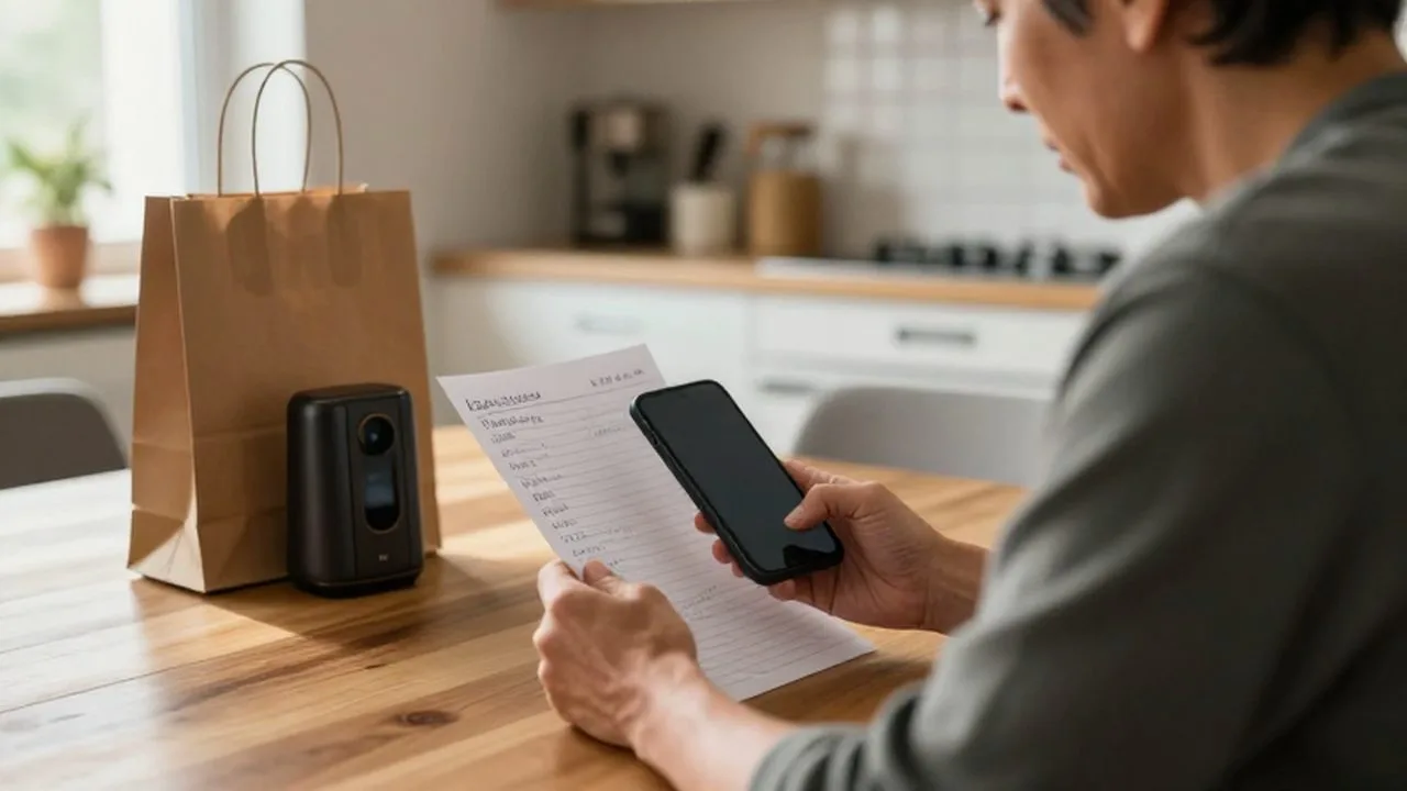 Persona reflexiva revisando su lista de la compra y un teléfono en una cocina iluminada.