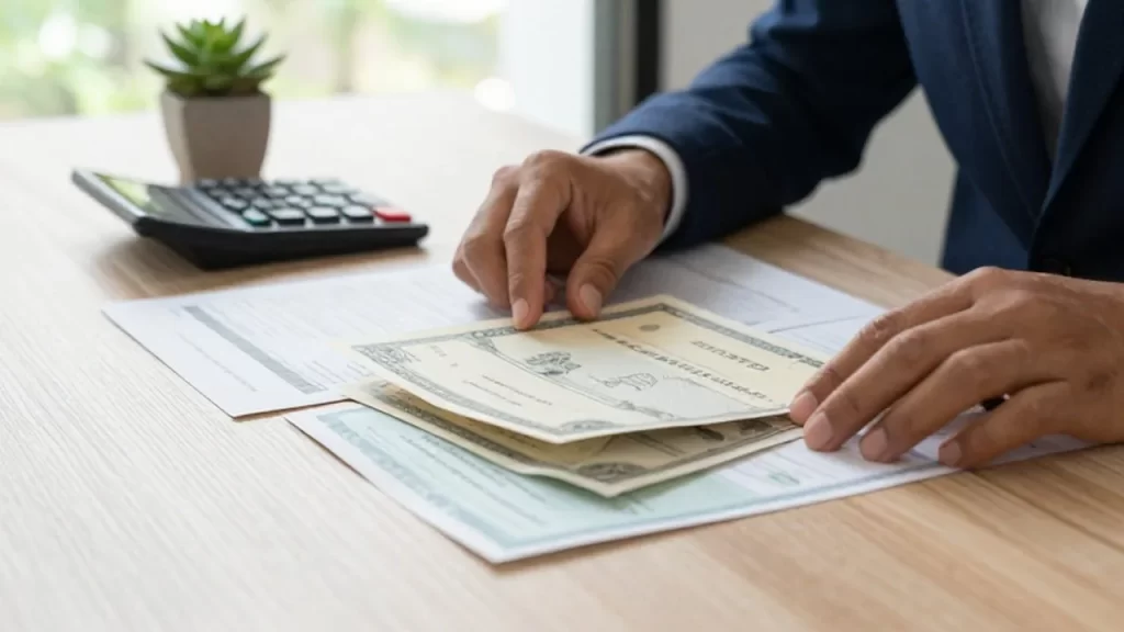 Manos organizando certificados de bonos y documentos financieros sobre un escritorio de madera.