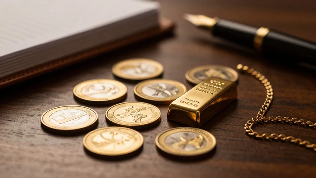 Monedas, un lingote y una cadena de oro dispuestos sobre un escritorio de madera oscura.
