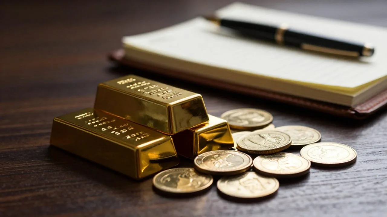 Lingotes y monedas de oro sobre un escritorio de madera junto a un cuaderno de finanzas.