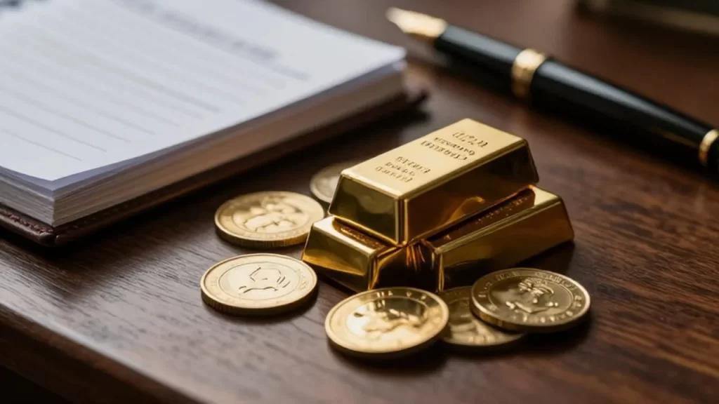 Lingotes y monedas de oro sobre un escritorio de madera oscura junto a una agenda financiera.