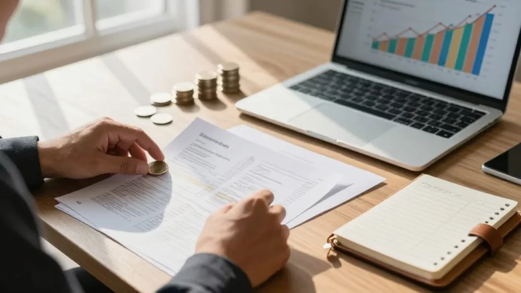 Manos organizando documentos financieros y monedas junto a un portátil con gráficas de crecimiento.