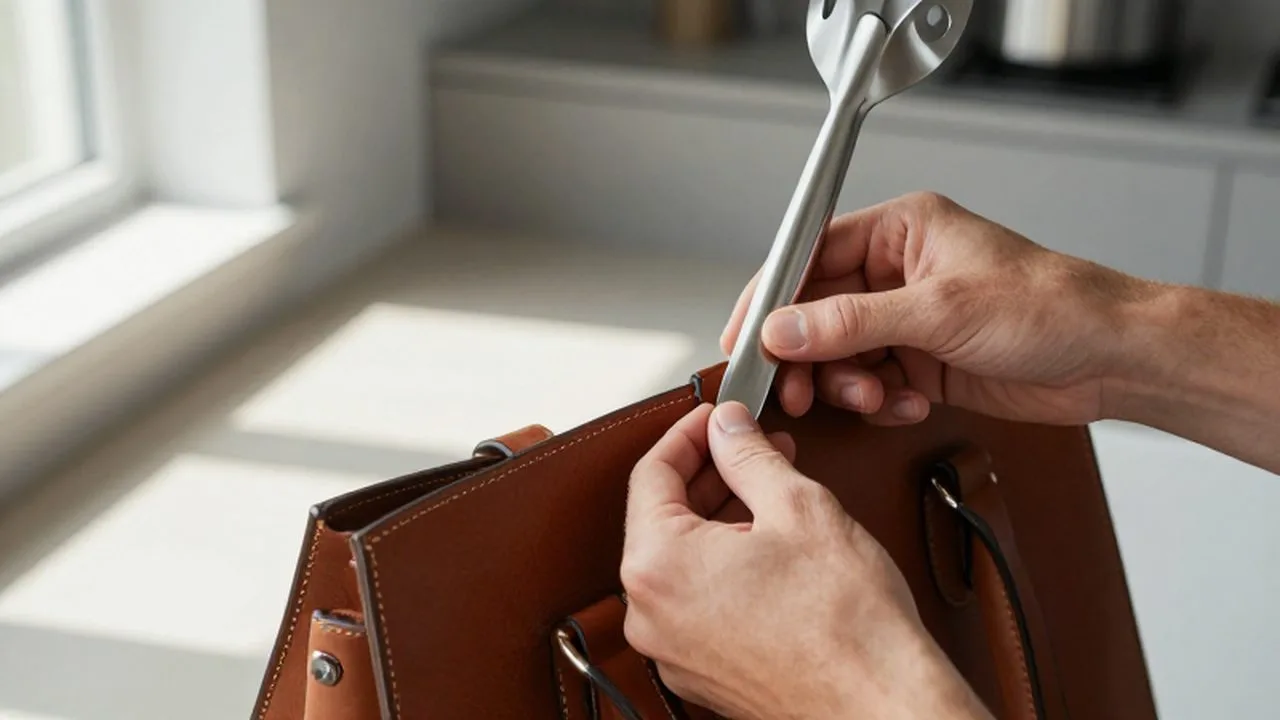 Manos inspectando de cerca la textura de un bolso de cuero y un utensilio de acero inoxidable.