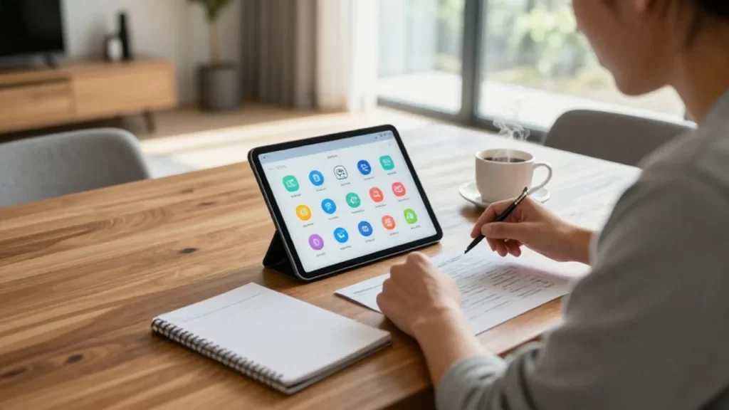 Persona sentada frente a una mesa de madera revisando suscripciones digitales en una tableta y un cuaderno.