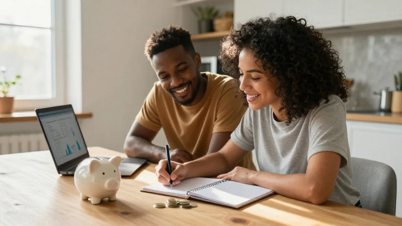 Pareja joven sonriente organizando sus finanzas con una agenda y una hucha en una cocina luminosa.