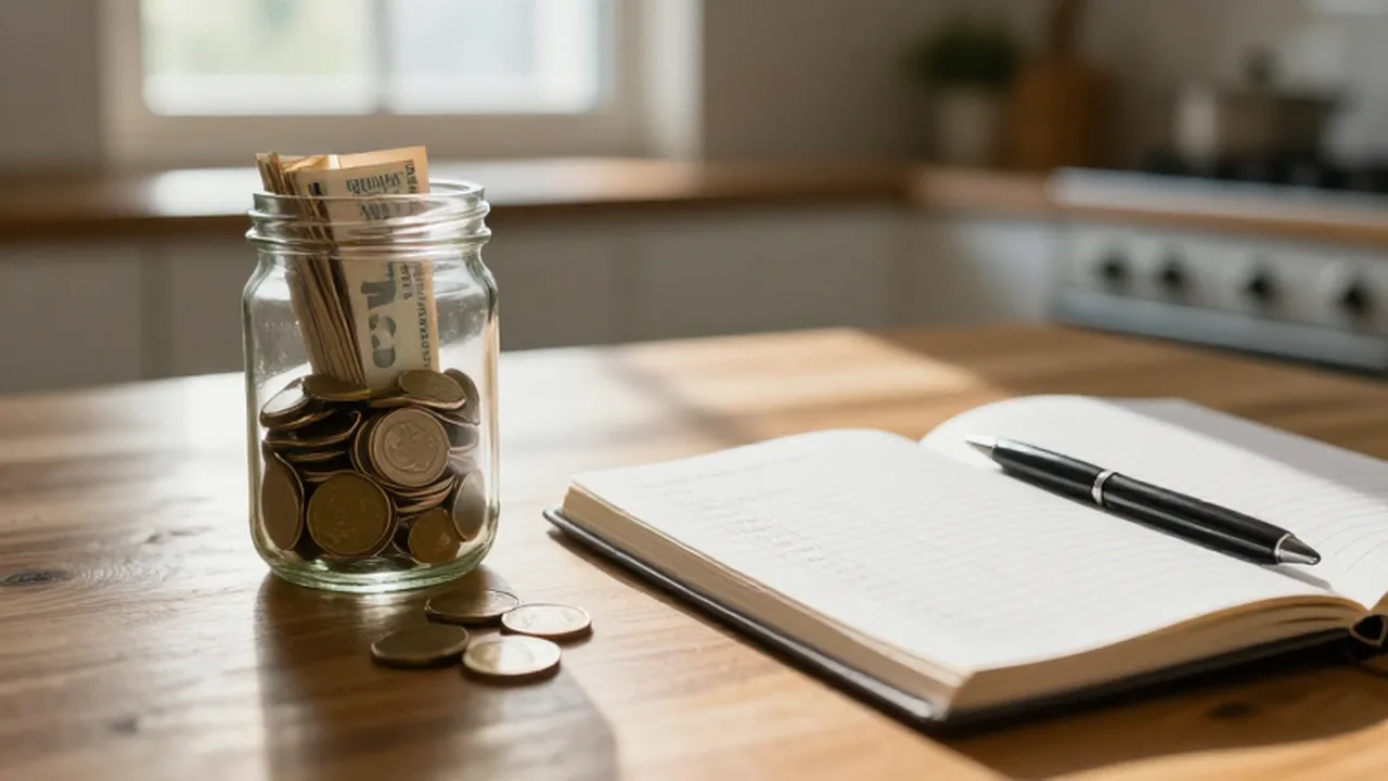 Frasco de vidrio con ahorros junto a un cuaderno de presupuesto sobre una mesa de madera.