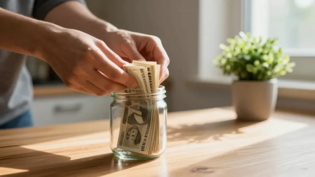 Manos guardando billetes en un frasco de vidrio sobre una mesa de madera.