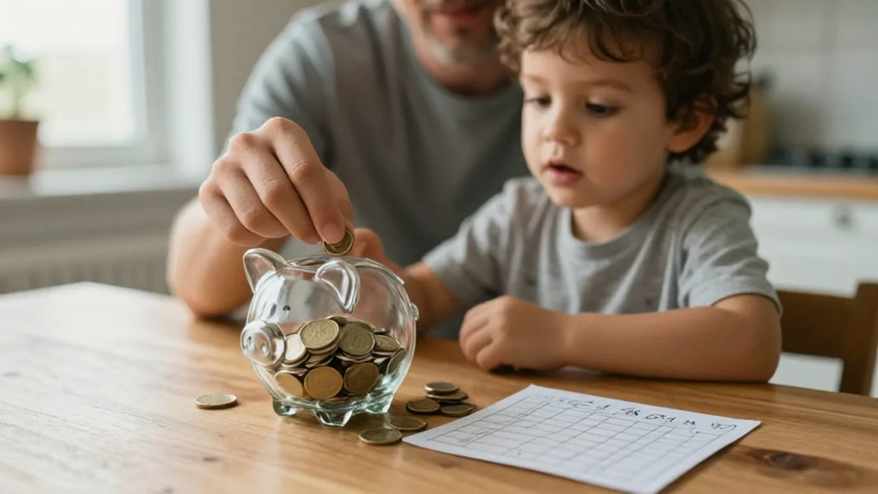 Un niño pequeño toca una moneda junto a una hucha de cristal y un gráfico de ahorros.