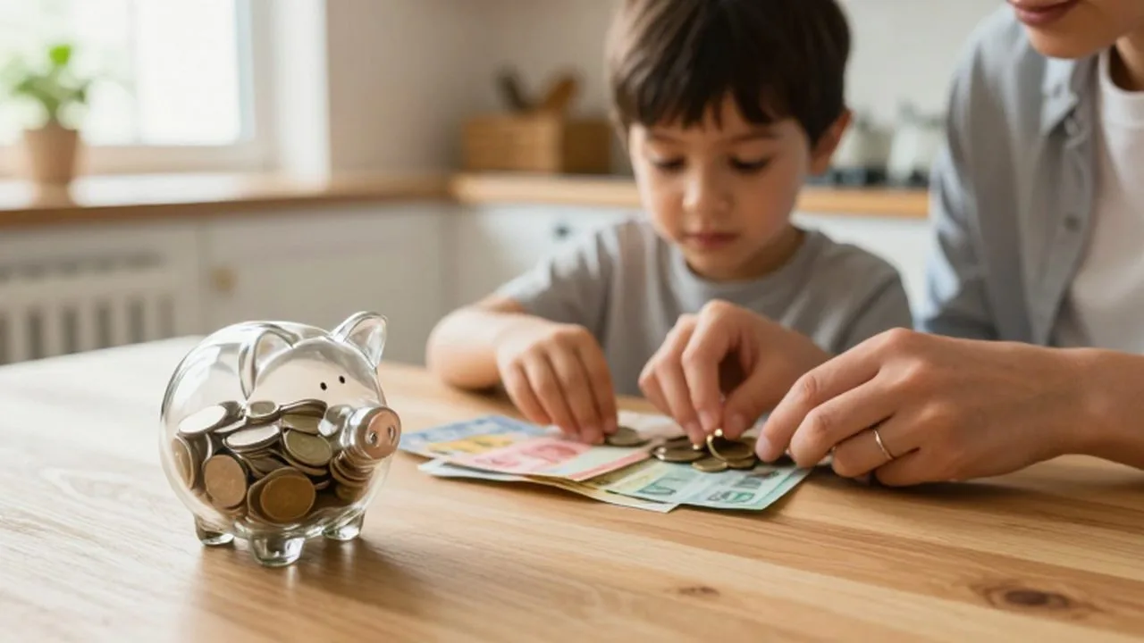 Un adulto y un niño clasifican monedas y billetes junto a una hucha de cristal.