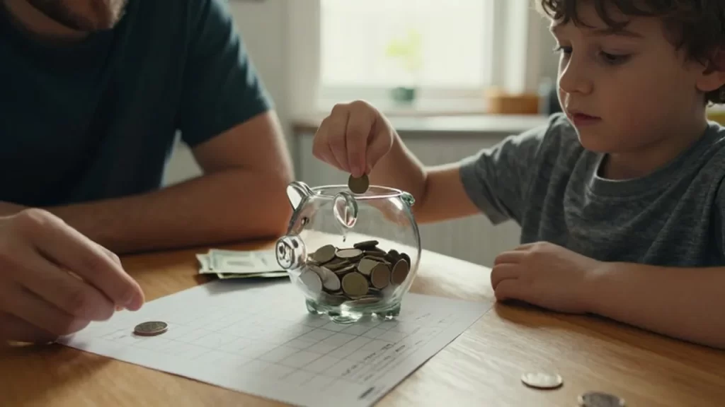 Un niño y su progenitor aprenden sobre ahorro frente a una hucha de cristal y un presupuesto.