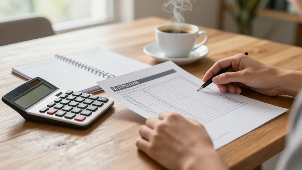 Manos revisando un documento de bonos financieros junto a una calculadora y un planificador presupuestario.